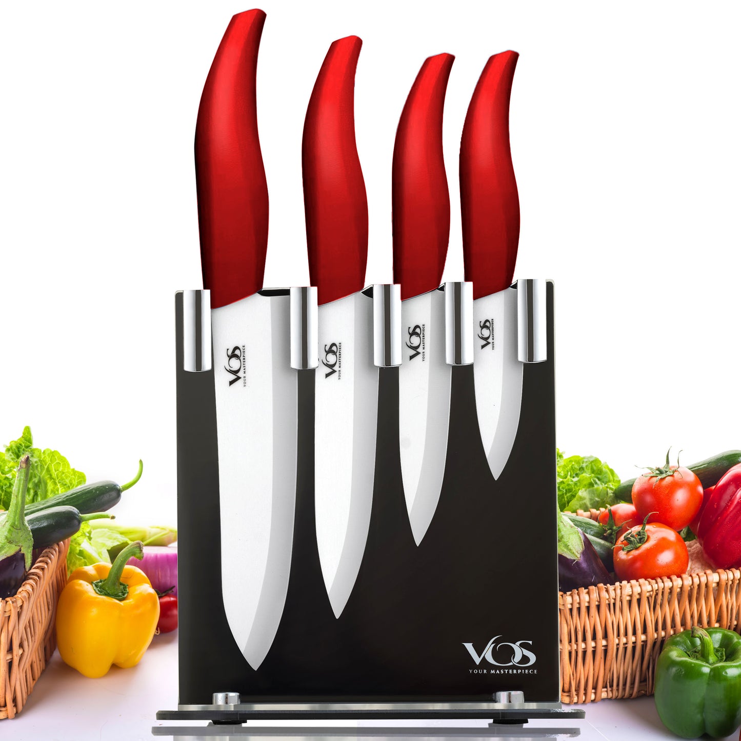 Ceramic 4 Pcs Knife Set with Knives Holder - Red