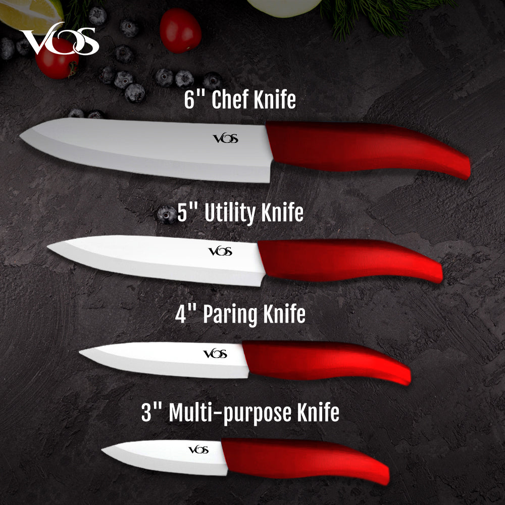 Ceramic 4 Pcs Knife Set with Knives Holder - Red