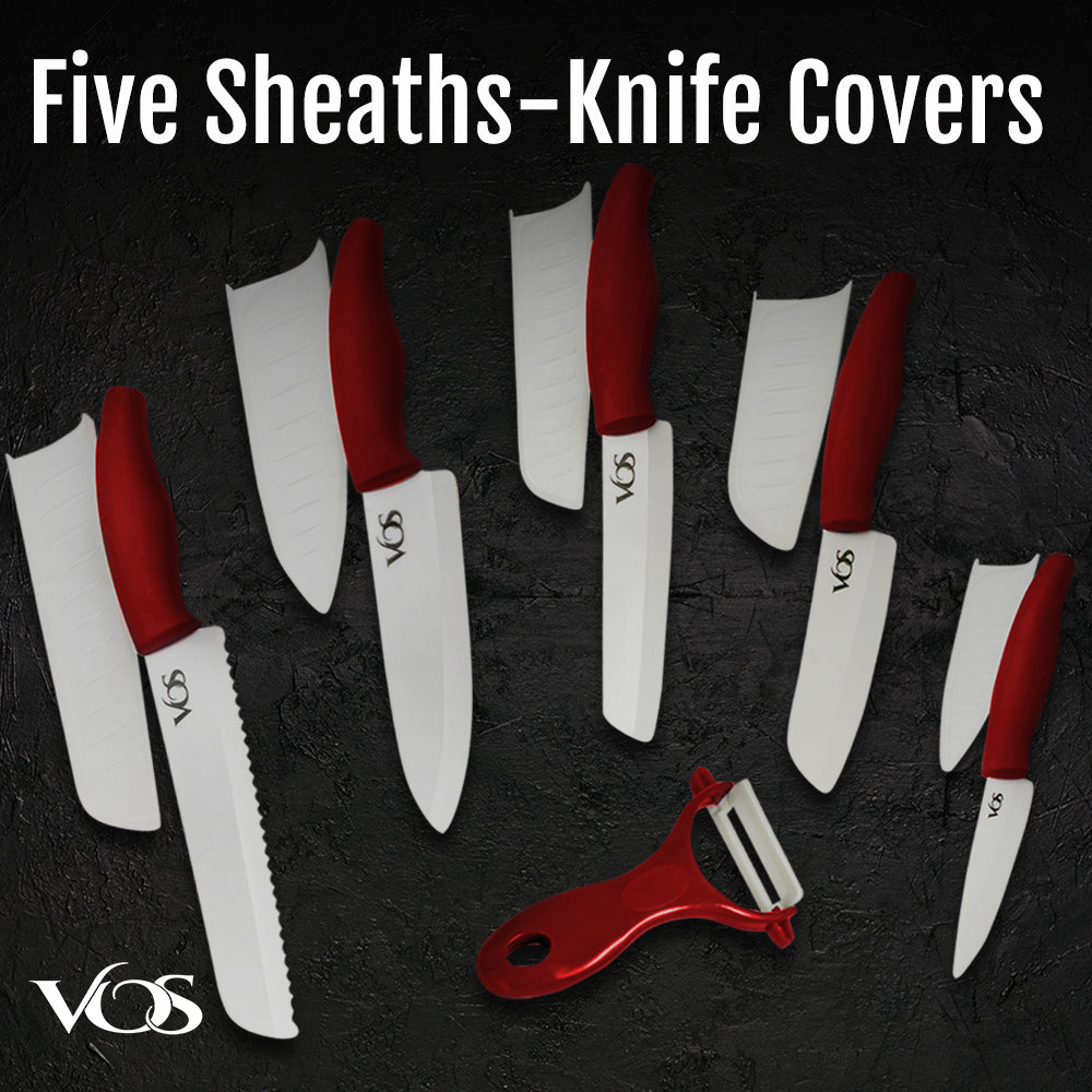 Ceramic Knives Set with Covers - 6 Pcs - Red