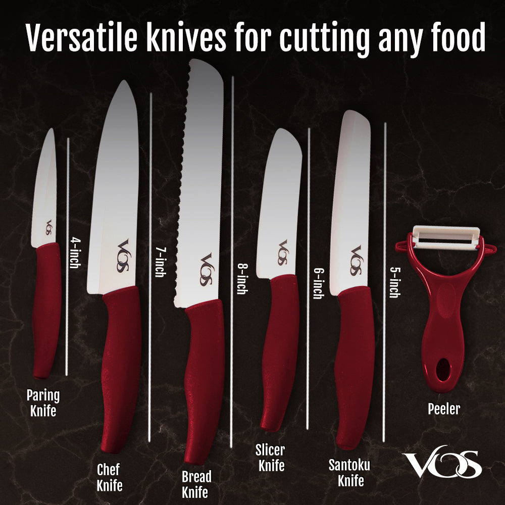 Ceramic Knives Set with Covers - 6 Pcs - Red – Vosknife